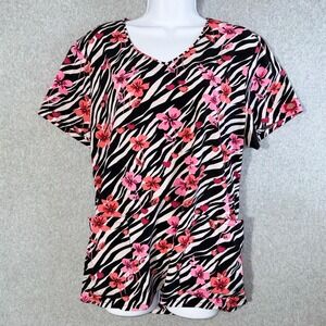 Dickies Womens XL Scrub Top Zebra Floral Heart Print V-Neck Pink Black DK852